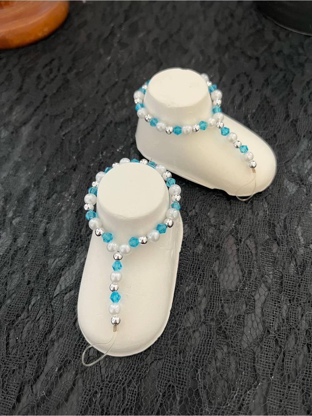 Beaded Aqua & White Barefoot Sandal Pair